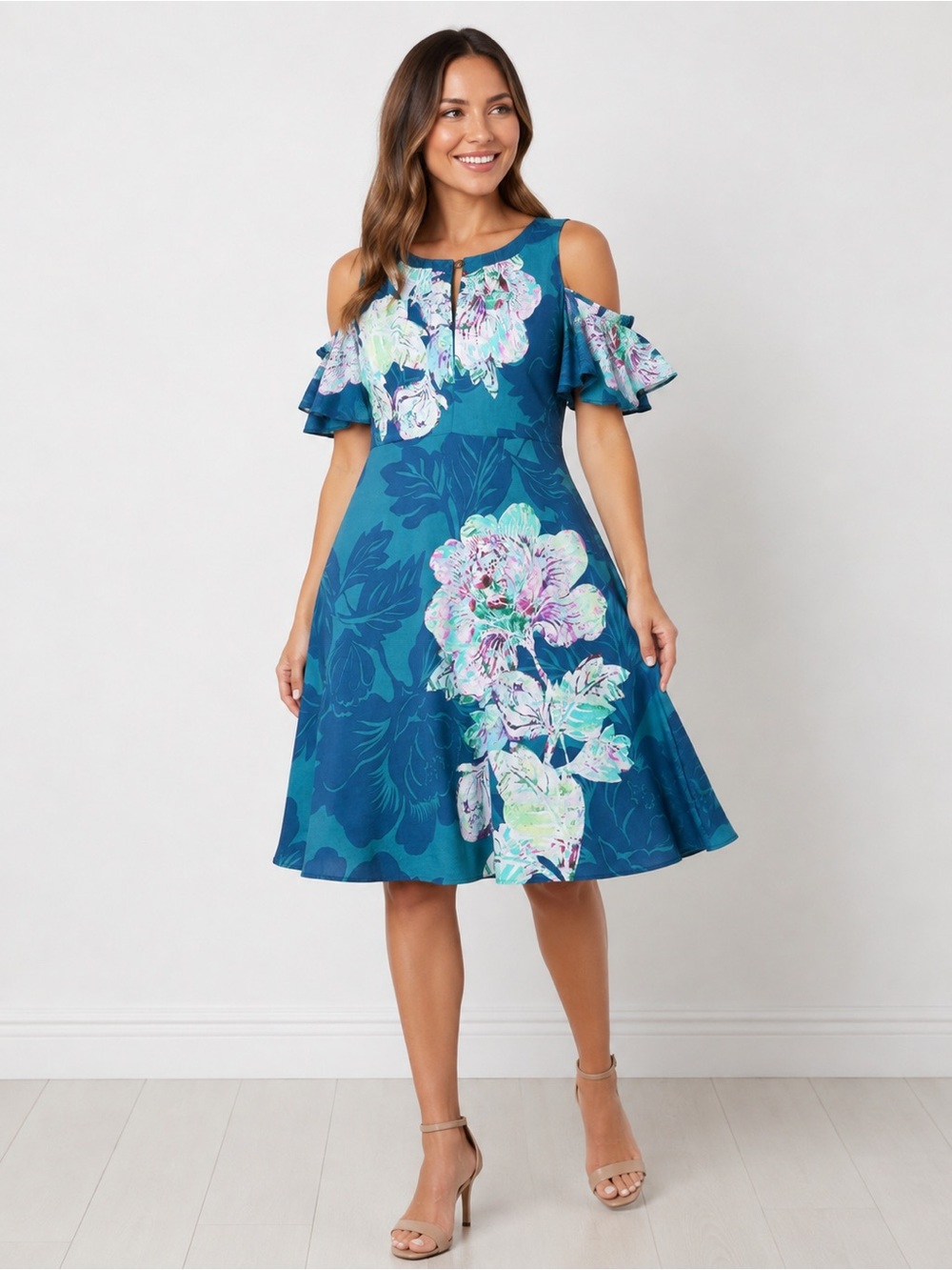 MAEVE Anthropologie Floral Cold Shoulder Dress Women's Size 8 Teal Midi Tropical